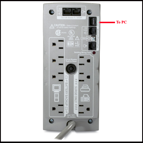 APC RS900 Back Panel Showing Where RJ-45 Signal Cable is plugged in.