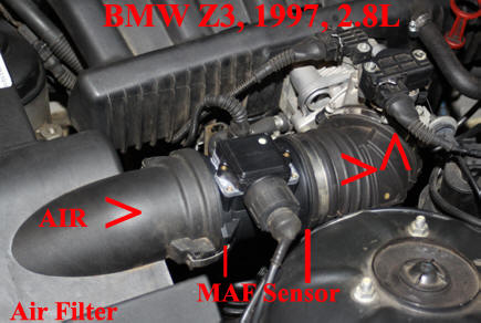 BMW Z3: Location of Mass Air Flow sensor.