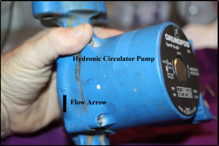 Hydronic circulator pump with flange in wrong flow direction.