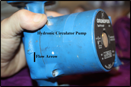Hydronic heating system circulator pump with flange in correct water flow direction.