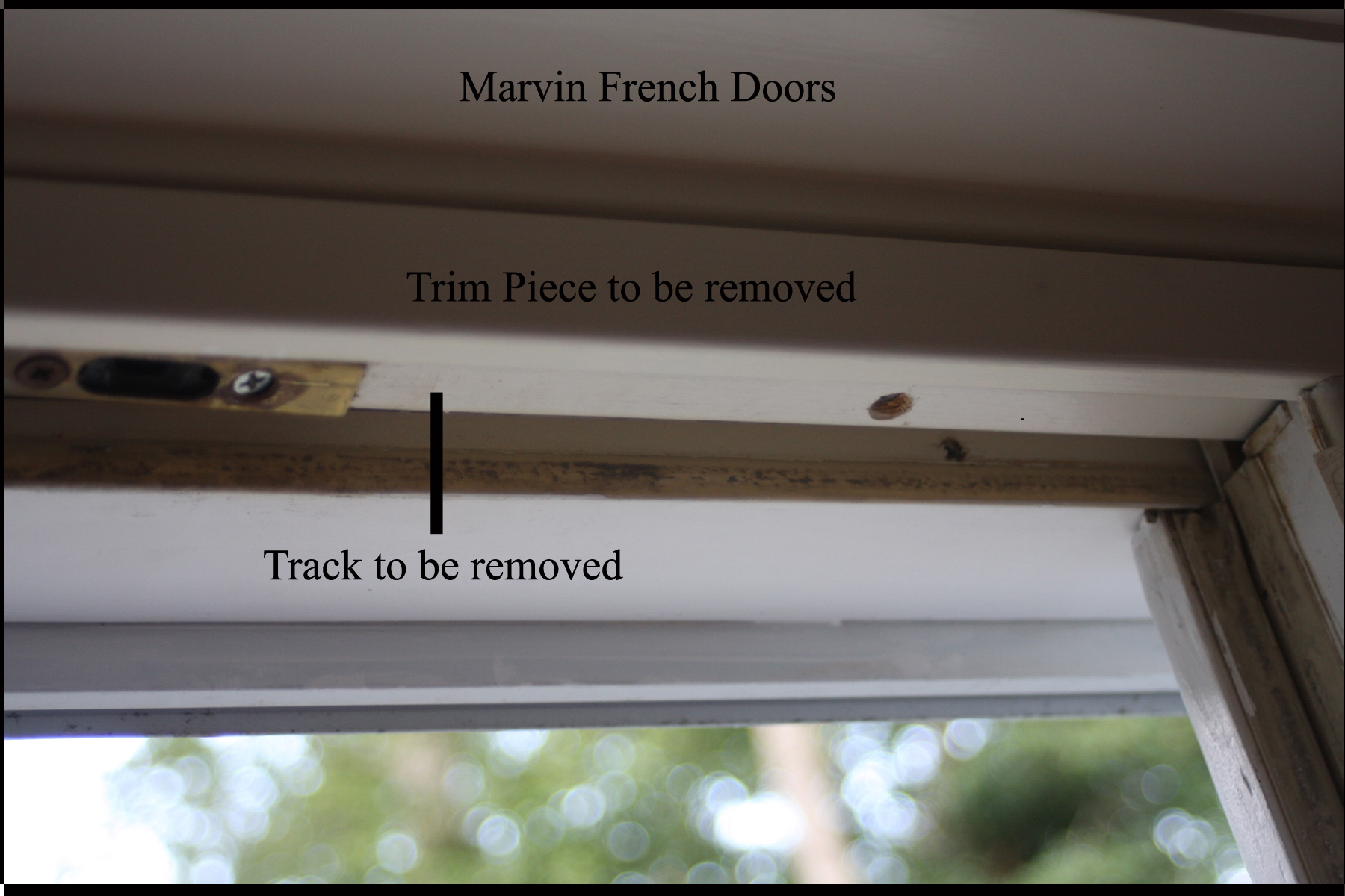 Marvin wood French doors - Shows track that must be removed to remove door from frame