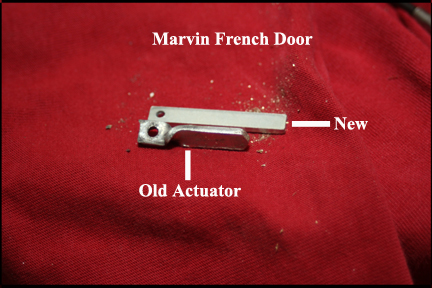 Marvin wood French doors - Shows old, twisted actuator pin and new actuator from Marvin