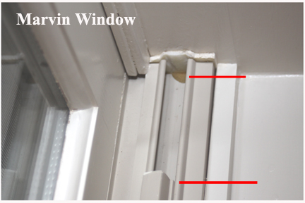 Marvin Wood Double Hung Windows - Shows Where Sash Tube Clip Has Broken Out Top of Vinyl Track