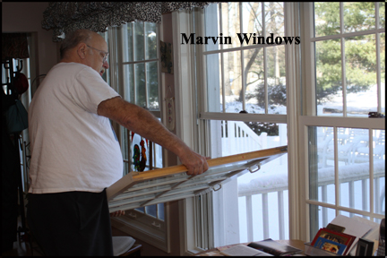 Marvin Wood Double Hung Windows - Shows Inserting One Side of Window into Channel in Vinyl Track