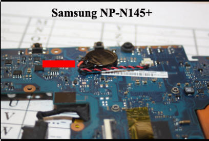 Samsung NP-N145+ Showing BIOS Battery on Underside of Motherboard.