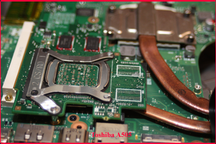 Toshiba A505 - Shows CPU and Video Chip Heat Sinks in Place