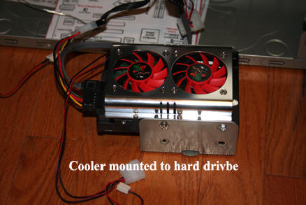 Shows hard drive fan mounted to hard drive