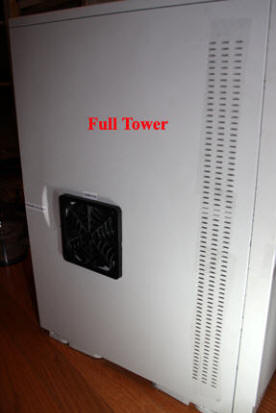 Shows fan added to side of full tower personal computer chassis