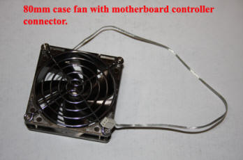 Shows a personal computer case fan with connector for motherboard connection.