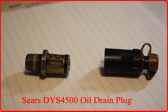 Sears DYS4500 - Oil Drain Plug with plastic valve removed.