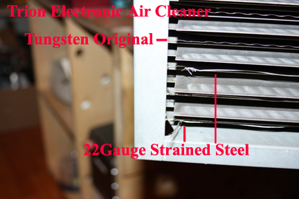 Shows 22 gauge steel wire used as replacement for Trion tungsten ionizing wire.