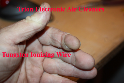 Shows tungsten ionizing wire in Trion air cleaners.